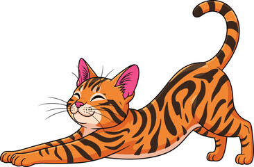 Fototapeta premium cute orange tiger striped cat stretching illustration, playful tabby kitten cartoon, adorable feline pet vector, happy animal character design