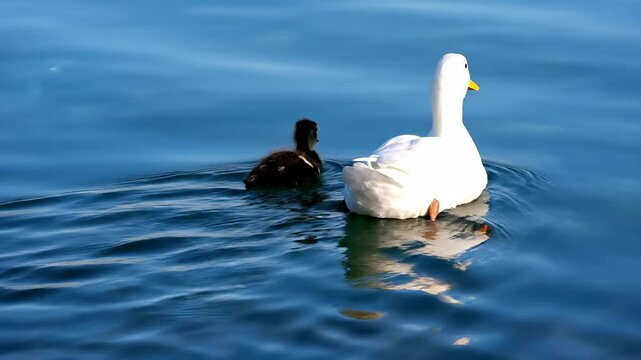 White duck swims gracefully across calm blue water. A small duckling follows closely behind. Beautiful natural scene highlighting waterfowl and their young.