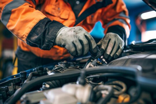 Mechanic wearing gloves working on vehicle engine, performing maintenance or repair on fuel injector