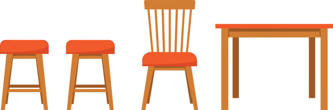 wooden stools chair and table illustration, modern home furniture set, minimal interior decor vector, dining room furniture design bundle