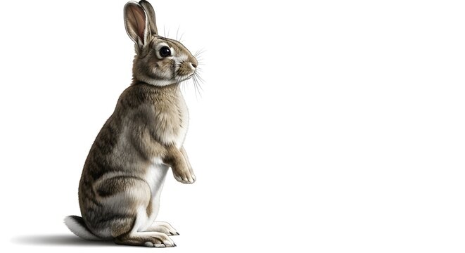 Rabbit standing on hind legs against white background isolated brown hare fluffy bunny animal pet wildlife side view look