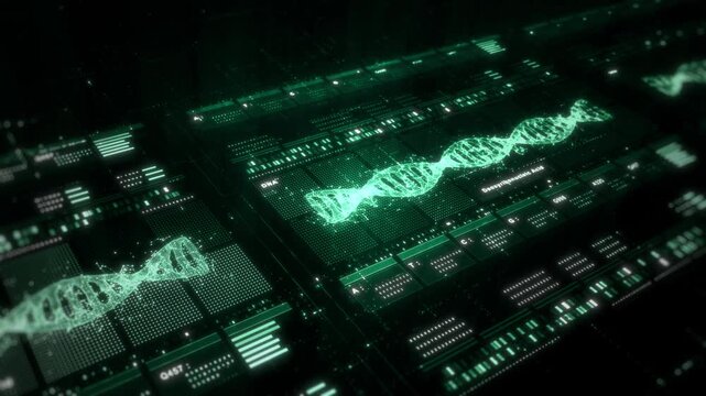 Digital DNA helix over futuristic data interface, representing genetic engineering, biotechnology research, bioinformatics and advanced medical innovation technology. Technology abstract background