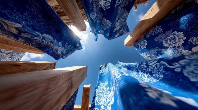 Blue fabric with white patterns drying on wooden rack