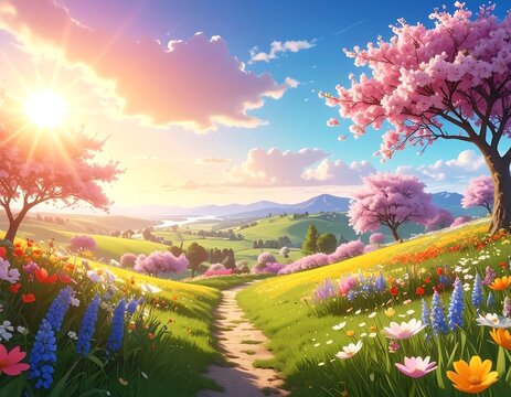 Scenic meadow scene of flowering trees under a bright sunny sky