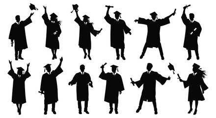 A collection of celebrating graduates in various poses depicted as black silhouettes on transparent background high quality professional detailed modern elegant