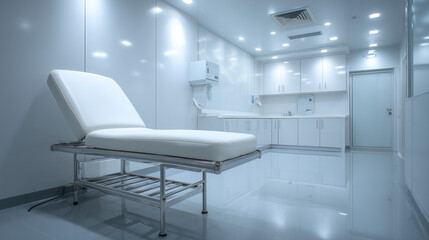 Modern sterile medical examination room with empty hospital bed and bright clinical lighting representing healthcare, treatment and professional medicine environment
