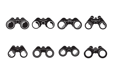 Collection of eight black binocular icons presented from various angles and styles, isolated on a transparent background, perfect for themes of observation and exploration © Amdadul
