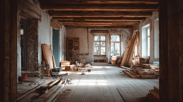 Empty rustic wooden attic interior under renovation with exposed beams and construction materials representing restoration, remodeling and architecture concept
