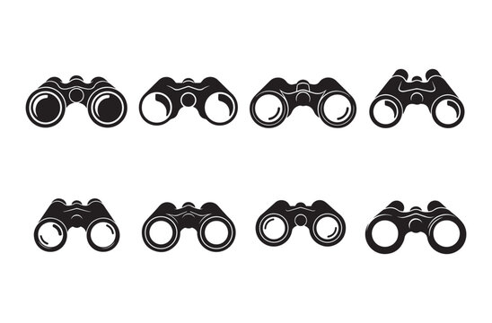 Collection of eight black binocular icons presented from various angles and styles, isolated on a transparent background, perfect for themes of observation and exploration