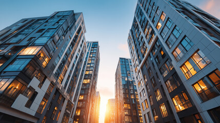 Modern residential skyscrapers viewed from below with warm sunset light glowing in windows ideal for urban real estate marketing, housing development and city lifestyle concepts
