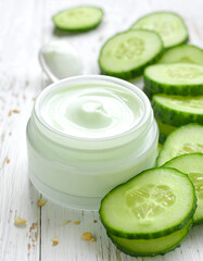 Light green cream in a jar surrounded by cucumber slices, atop white wood
