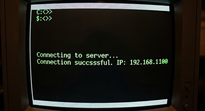 Old CRT Monitor Displaying Connecting to Server and Connection Successful with an IP Address.