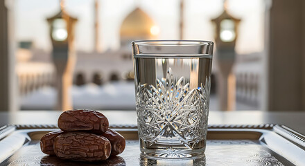 A glass of water and dates on a reflective tray, set against the blurred background of a golden-domed mosque at sunset