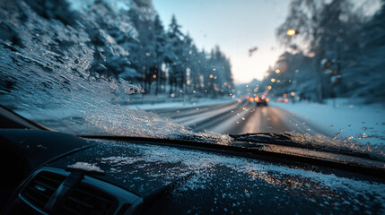 Obraz premium Winter road view through frosted car windshield during cold snowy evening with blurred traffic lights and icy dashboard detail representing seasonal driving conditions 