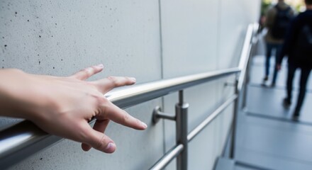 Obraz premium Hand on handrail, person's fingers touching polished metal surface while ascending public staircase indoors. Young adult hand on handrail provides support, guidance in modern building.