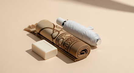 A minimalist arrangement of natural bath products including a brush, soap bar, and white bottle on a beige background