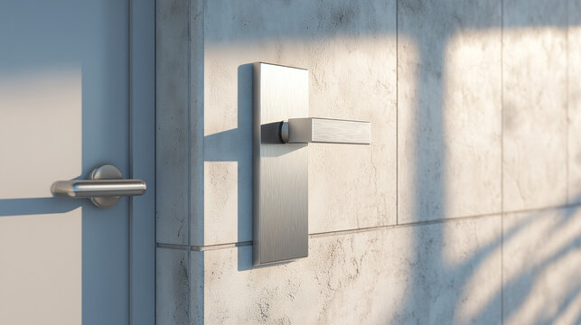 Modern smart door lock installed on white house entrance with soft sunlight shadows representing home security, access control and digital protection concept
