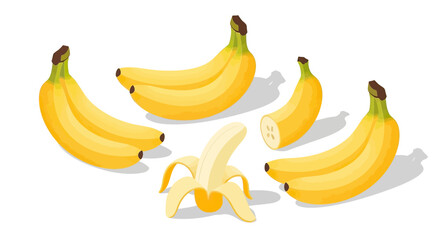 Fresh yellow bananas in various arrangements, including peeled and unpeeled. © Yahya