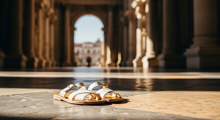 A small, futuristic toy vehicle rests on the polished stone floor of a grand, classical building entrance