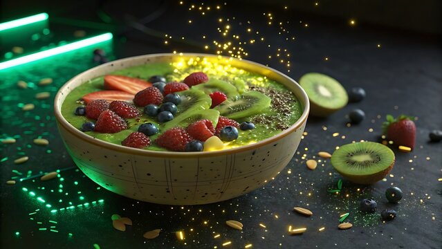 Energy Smoothie Bowl with Neon Glow and Digital Glitch Effect
