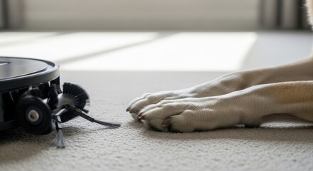 Robotic vacuum cleaner quietly glides across soft carpet, approaching relaxed dog paws at home. Modern robot vacuum cleaner provides effortless floor cleaning,