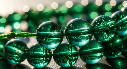 Close-up shot of vibrant green prayer beads with a reflective surface resting on a dark background.