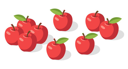 Vibrant red apples with green leaves scattered on a clean white surface.