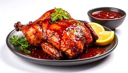 Roasted chicken on plate, with a small bowl of sauce, lemon wedge, parsley garnish