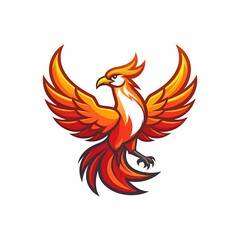 Fototapeta premium A vibrant, stylized bird with outstretched wings, predominantly in shades of red, orange, and yellow, set against a plain white background