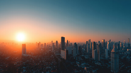 Fototapeta premium Aerial panoramic view of modern city skyline at sunrise with warm sunlight illuminating skyscrapers and dense urban district ideal for business and investment concepts 