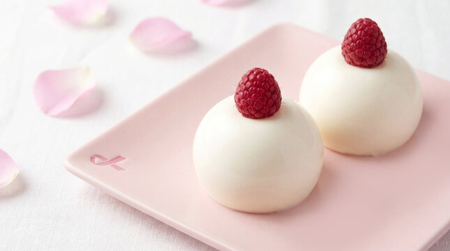 White mousse desserts with raspberries and pink ribbon plate for breast cancer awareness campaigns, women's health support, charity event dessert concepts, and early detection initiatives