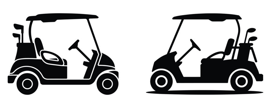 Two black silhouette golf carts with clubs, isolated on a white background.