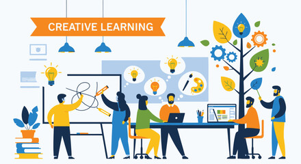 Naklejka premium Creative Learning Studio with Team Collaboration and Light Bulb Motifs