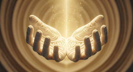 A stylized pixel art illustration featuring two glowing hands held palms up, radiating light and energy.