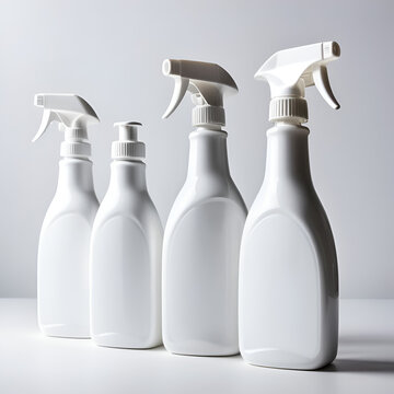 House and office cleaning theme. Set of white bottles with clining liquids on the white  background.