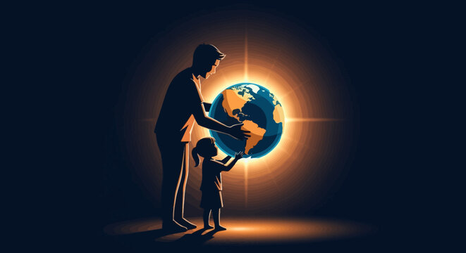 Father and daughter holding up a glowing planet Earth, representing global responsibility and future generations, conceptual art