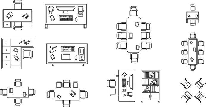 Office Furniture Top View Set, Flat Vector Illustration of Desks and Meeting Tables for Floor Plan