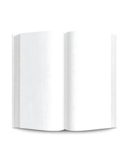 An open book, revealing pristine, blank pages. The binding appears white and the backdrop is solid white. It is a simple, clean, and elegant presentation