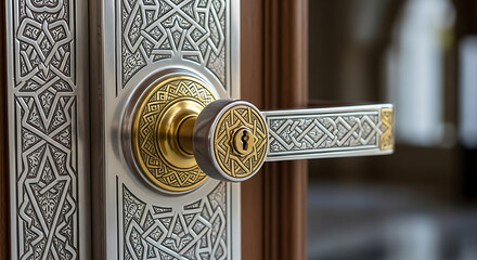A close-up shot captures an ornate door handle with intricate silver patterns and gold accents.