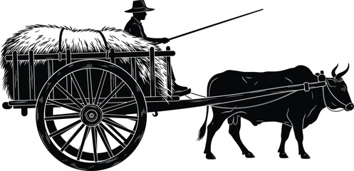 Black and white vector silhouette of a traditional farmer sitting on a wooden bullock cart loaded with hay driven by an ox on white background © MdAnower
