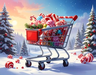 Festive shopping cart overflowing with holiday candy in a snowy winter landscape