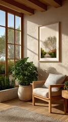 Fototapeta premium Serene Interior Corner: a cozy interior corner featuring a wooden frame chair, lush greenery, and a framed art piece, all bathed in soft, natural light, creating a tranquil ambiance.