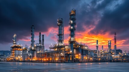 Obraz premium Petrochemical Plant at Dramatic Sunset. Industrial Energy & Power., Oil refinery