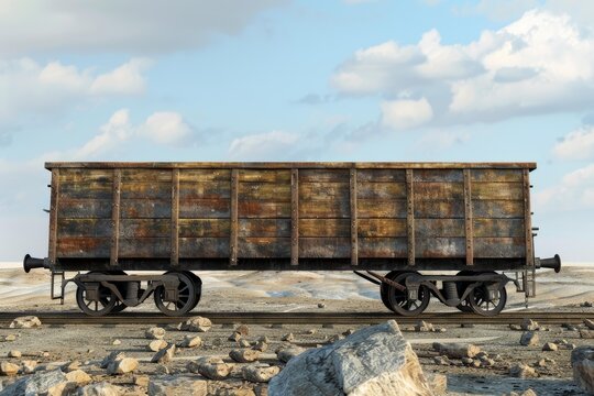 Old rusty mining cart left on railroad tracks in a deserted landscape, symbolizing decline and abandonment