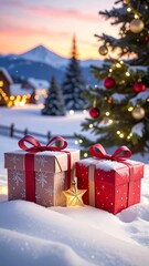 Snowy winter landscape with presents under a decorated Christmas tree at dusk