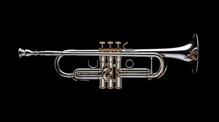Obraz premium Shiny silver trumpet with gold accents on black background