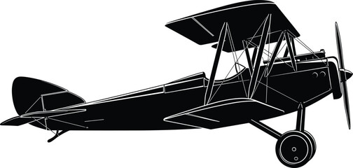 Vintage Biplane Aircraft Silhouette with Propeller and Double Wings for Retro Aviation Flight History and Antique Airplane Engineering Concept Isolated on White © MdAnower