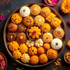 Tray of diverse, colorful Indian sweets arranged artfully. Festive treats & flower petals