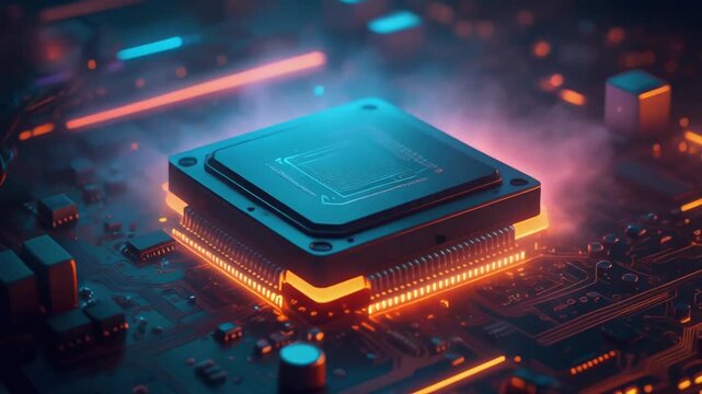 Close up of glowing microchip on circuit board with futuristic neon lighting and technological details