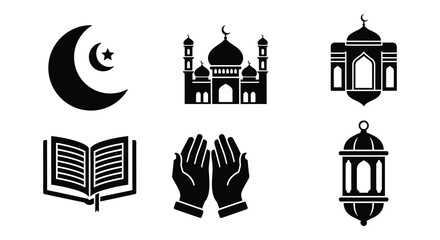 Obraz premium Islamic elements including a crescent moon mosque hands book and lantern in a black silhouette on transparent background high quality professional